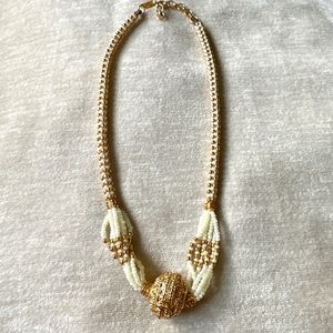 Fashion Jewelry Necklace Gold/Off White Seed Beads With Gold Ball